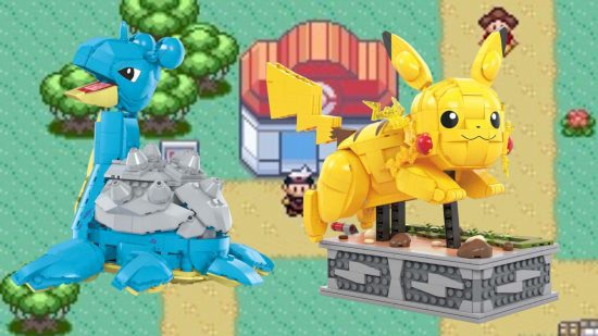 IMAGEM 6 Figuras Lego Pokémon Um Lego de Pokémon Lapras e Pikachu em um fundo pixelizado