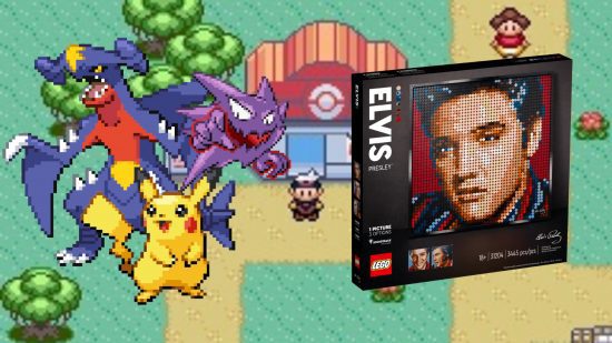 IMAGEM 7 Lego Pokémon Sprite Art Pokémon Lego – um Garchomp, Haunter e Pikachu ao lado de alguns Elvis Lego