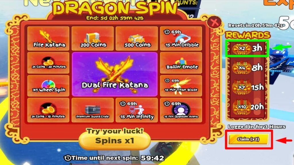 Roblox Blade Ball Dragon Spins reivindicando rodadas grátis