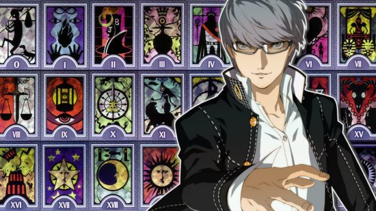 o tarô da irmandade da roda cósmica nos jogos 3 Tarô da Irmandade da Roda Cósmica em jogos: Yu Narukami do Persona 4 delineado em branco e colado em uma coleção de arcanos de link social do P4G