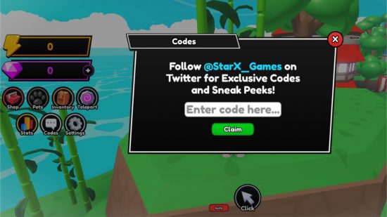 Tela de resgate de códigos do Anime Punch Simulator