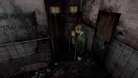 Silent Hill 2 Switch – um homem está em um prédio em ruínas com escrita nas paredes