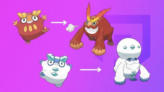 Evolução Darumaka Imagens mostrando as evoluções de Darumaka para Darmanitan em um fundo roxo