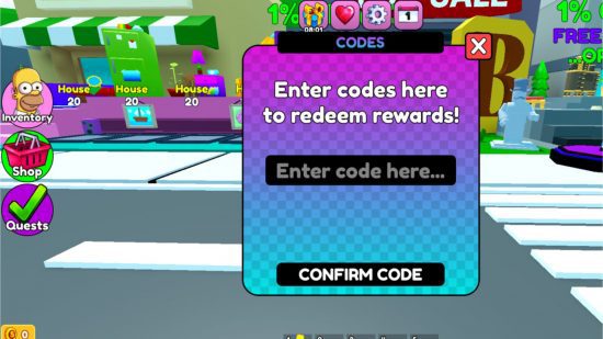 Tela de resgate de códigos do Simpsons Tower Defense