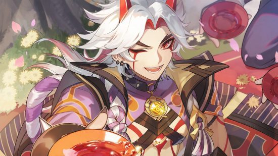 hoyoverse-jogos-muito-bons-2 Os jogos Hoyoverse são bons demais - Arataki Itto oferecendo uma tigela de bebida e piscando