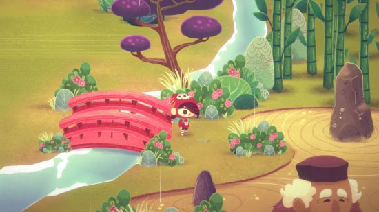 jogos de gato-minekos-mercado noturno Uma captura de tela de um dos melhores jogos de gatos, Mineko's Night Market, mostrando Mineko parado ao lado de uma ponte e um jardim zen