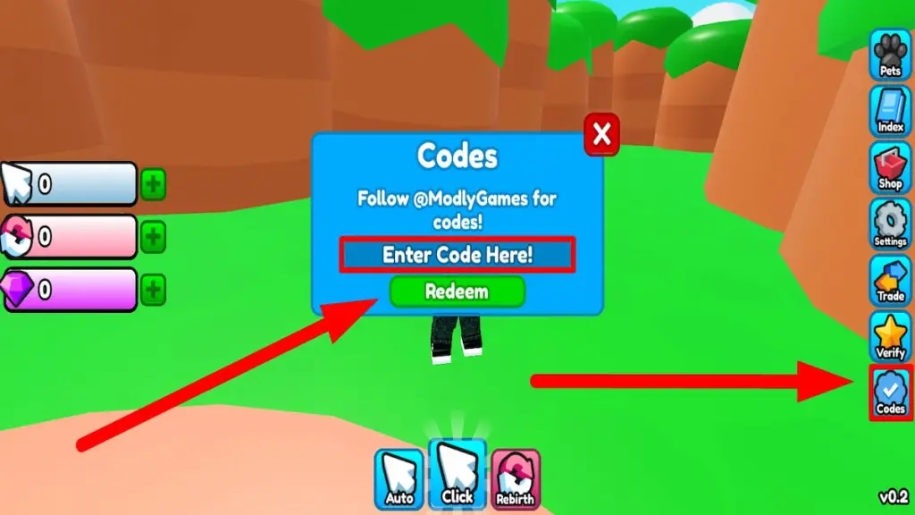Caixa de texto de resgate de código para Roblox Clicker League