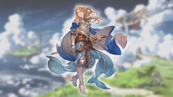 Personagens Granblue Fantasy Relink - Katalina em um fundo de paisagem nublada